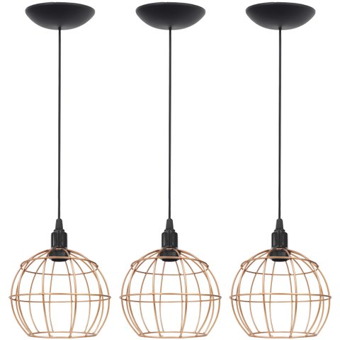 3 Pendentes Aramado Globo Luminária Lustre Teto Retrô Vintage Industrial Balcão Cobre Rose Gold