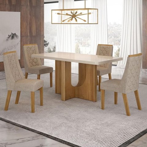 Mesa de Jantar Dora 120x80 Vidro 40mm Cinamomo Off White com Kit 4 Cadeiras Linho Bege - Valdemóveis
