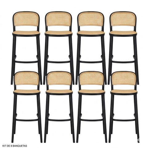 Kit com 8 Banquetas Amis Alta em Polipropileno com Encosto Preto/Bege