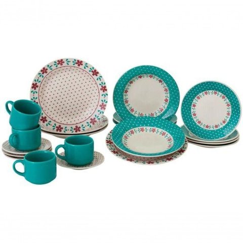 Jogo de Jantar 20 Floral Le Cousine Green Ceramica Alto Brilho