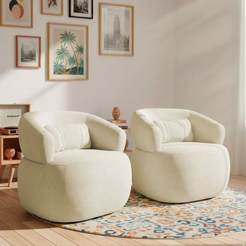 Kit 2 Poltrona Orgânica Chloe Boucle Bege Redonda Decorativa com Almofada Plumante - Arkell