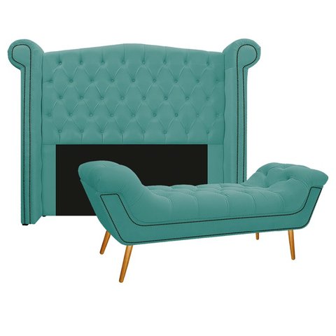 Kit Cabeceira 160 cm Suede + Calçadeira Madrid Azul Tiffany
