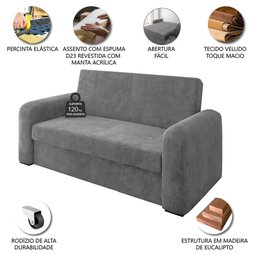 Sofá Cama Versátil 2 Lugares Veludo Selmer Cinza - 3