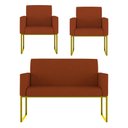 Ver imagem 1 de Kit 2 Poltronas + Namoradeira 2 Lugares Recepção Base Dourada Terracota