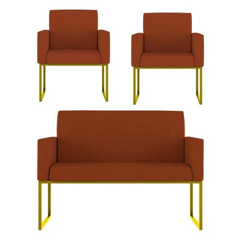 Kit 2 Poltronas + Namoradeira 2 Lugares Recepção Base Dourada Terracota