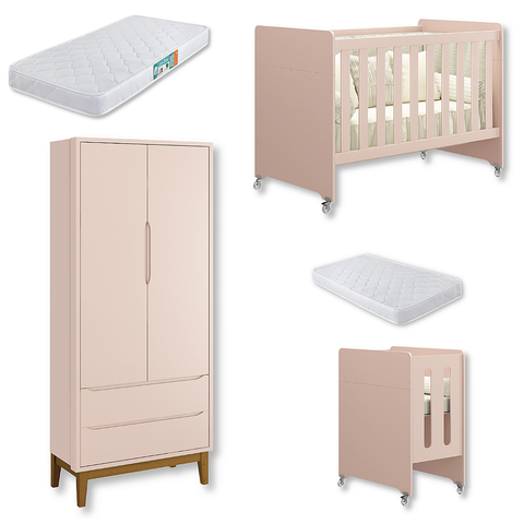 Quarto de Bebê Berço Evolution + Guarda Roupa 2 Portas Rosa + 2 Colchões