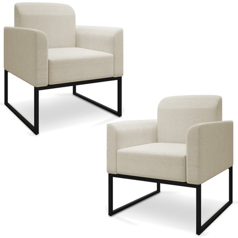 Kit 2 Poltronas Decorativas Isabella Base Industrial Linho Bege/preto Gran Belo