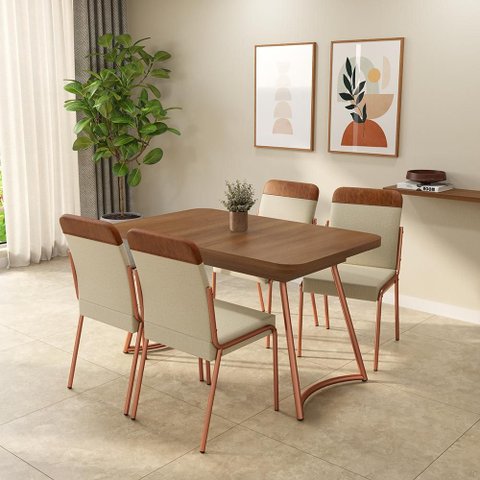 Conjunto Sala de Jantar 4 Cadeiras Azaleia Carraro Nogal Rosê