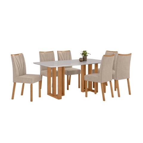 Conjunto Sala de Jantar Mesa Téssera 170 Tampo Vidro Off White com 6 Cadeiras Téssera - Lopas Amendo