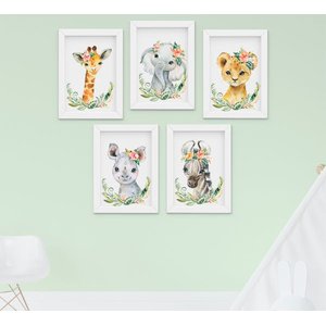 Quadro Infantil Bebê Menina Safari Aquarela Kit 5 Peças