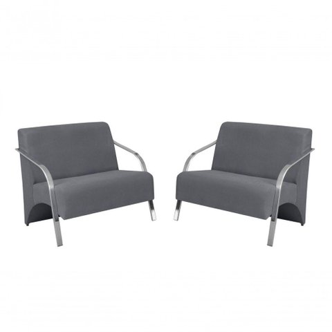 Kit 2 Poltronas 2 Lugares Braço Alumínio Suede Cinza