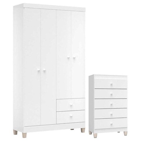Cômoda Gaveteiro e Guarda Roupa 4 Portas Ternura Baby Branco Flex - Incorplac