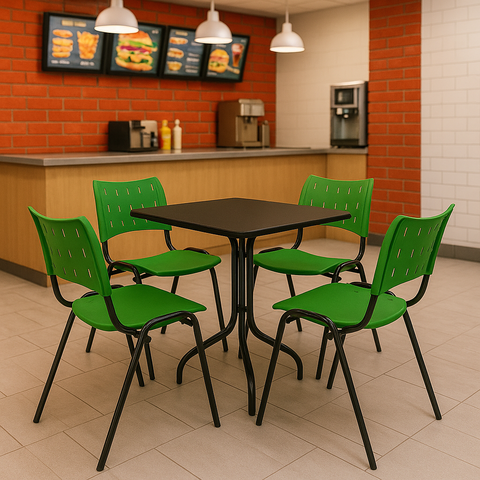 Jogo Mesa 70x70 Preta para Sorveterias e Restaurantes com 4 Cadeiras Iso Verde