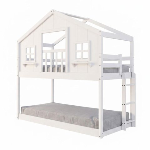 Beliche Infantil Montessori com Varanda Casinha Dos Sonhos Madeira Maciça Branco Megamobilia