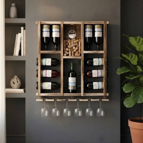 Adega de Madeira Maciça para 11 Garrafas de Vinho com Porta Rolhas e Porta Taças Taças - Rústica