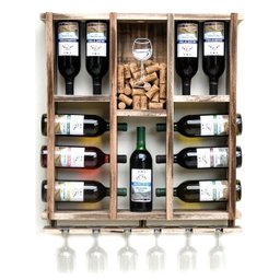 Adega De Madeira Maciça Para 11 Garrafas de Vinho Com Porta Rolhas E Porta Taças Taças - Rústica - 1