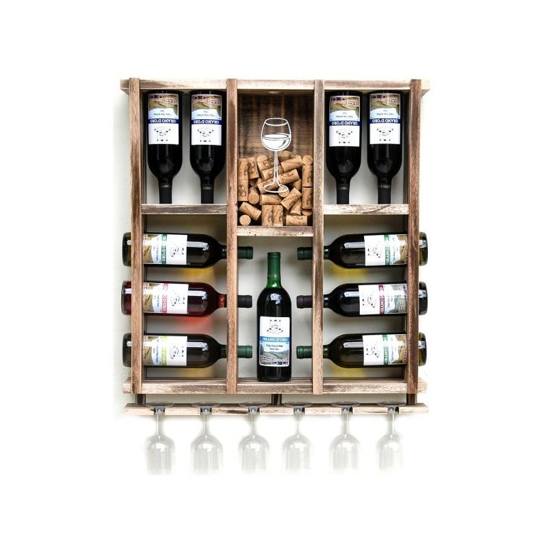 Adega De Madeira Maciça Para 11 Garrafas de Vinho Com Porta Rolhas E Porta Taças Taças - Rústica