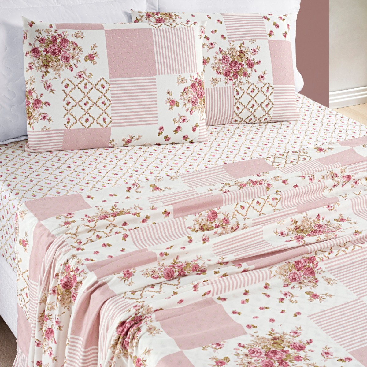 Jogo de Cama Casal King Size Florença 200 Fios Estampado 04 Peças Super Elegante:rose