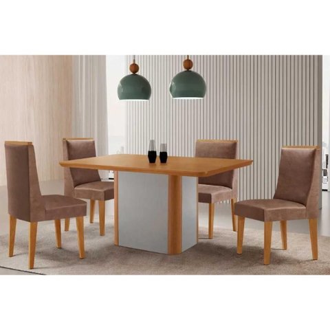 Sala de Jantar Completa Pietá C/ Tampo Madeirado Canto Curvo 120x80cm e 4 Cadeiras Dakota Naturale/