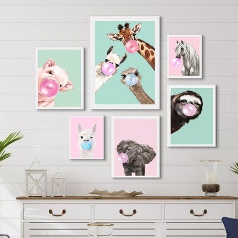 Composição 6 Quadros Decorativos Divertidos Bichinhos Chicletes - com Vidro:madeira Preta