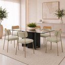 Ver imagem 1 de Kit 6 Cadeiras Sala de Jantar Lisa Pés Champanhe Linho/PU Bege/Caramelo m² - Monari Design