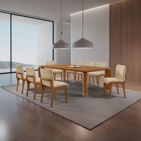 Sala de Jantar Mesa Nala 220cm Tampo Laminado Canto Moeda com 8 Cadeiras Bella Mobilare
