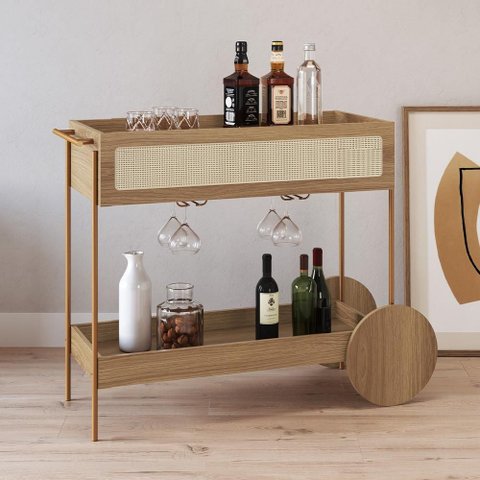 Carrinho Bar com Porta Taças Industrial Indy A03 Hanover Dourado - Lyam Decor