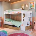 Ver imagem 2 de Beliche Infantil com Escada Estante e 2 Gavetões 143 Cm Cor:branco com Aveiro Oak