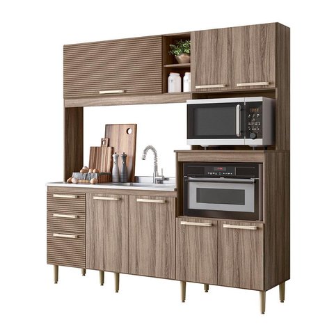Cozinha Compacta Piatã 7 Portas 3 Gavetas 100% Mdf - Carvalho Nature/ripado