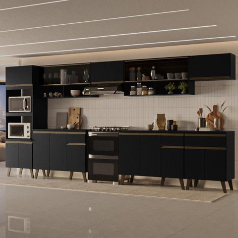 Armário de Cozinha Completa Atlanta Orbit com Vidro Carraro Preto Touch