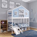 Ver imagem 3 de Beliche Infantil Solteiro Casinha Dos Sonhos com Varanda Madeira Maciça Branco Azul Housin