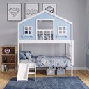 Ver imagem 1 de Beliche Infantil Solteiro Casinha Dos Sonhos com Varanda Madeira Maciça Branco Azul Housin