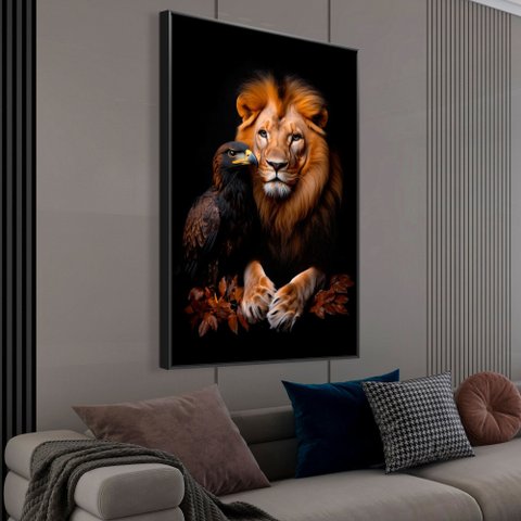 Quadro Decorativo Leão e a Águia Folhas de Outono Sala Quarto Casa Escritório