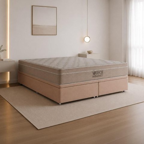 Cama Box com Baú Queen Conjunto Airtech Spring Pocket Molas Ensacadas Suede Bege Ortobom