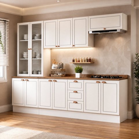 Cozinha Modulada Completa 5 Peças com Tampos Americana Portas em MDF Branca Frisado