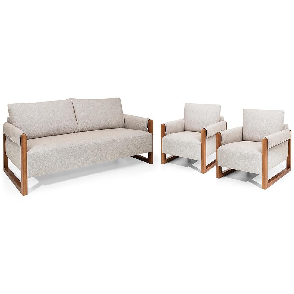 Conjunto Sofá e 2 Poltronas Herval Wood, Veludo Bege | MadeiraMadeira