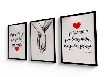 Kit 3 quadros com moldura Frase o que Deus uniu 30x45cm