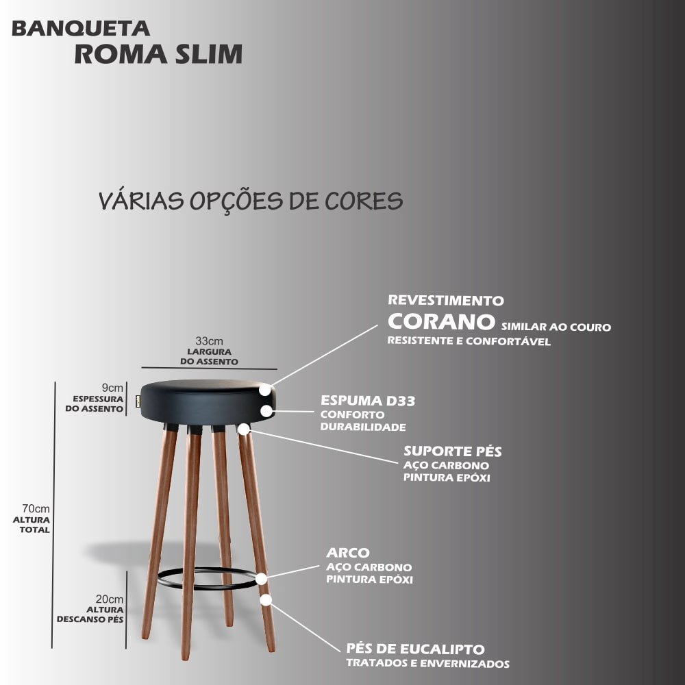 Banquetas Roma Slim Kit 2 Peças Estofada 70cm Preto Egmobile - 3