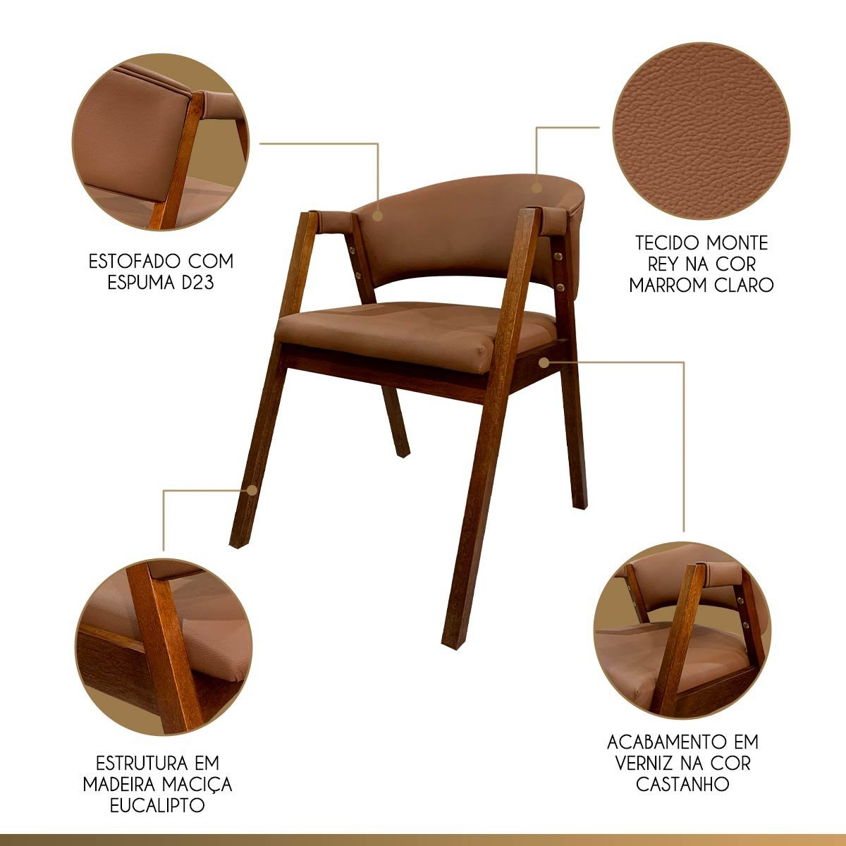 Cadeira de Jantar com Braço Madeira Estofada Curva Marrom Claro Ravena Ccs - 4