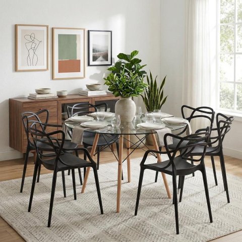 Conjunto Mesa Eames Vidro 110cm + 6 Cadeiras Allegra - Seat&Co