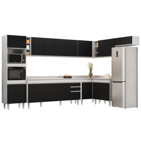 Armário de Cozinha Modulada de Canto 9 Peças CP05 Balcão com Tampo Branco/Preto - Lumil Lumil Móveis