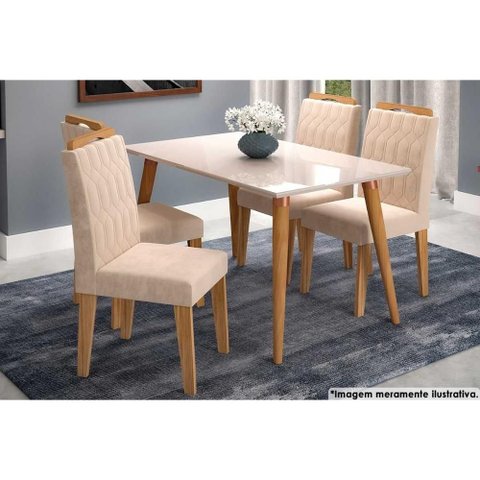 Conjunto: Mesa Sala Jantar Adele Madeira Maciça Tampo Madeirado C/ Vidro 130x80cm e 4 Cadeiras