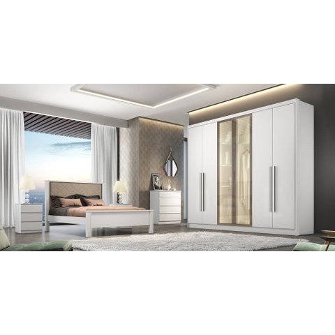 Guarda Roupa Rizon Glass 6 Portas 8 Gavetas 2 Portas Reflequita Novo Horizonte Neve