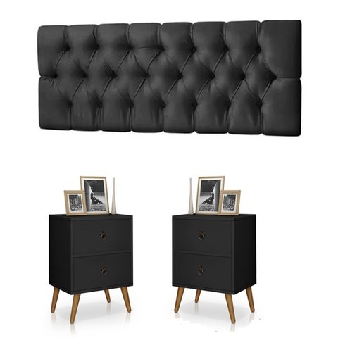 Conjunto Cabeceira Painel Paris 1,40 Capitone Preto e 02 Mesas de Cabeceira 2 Gavetas Preta - Rede M