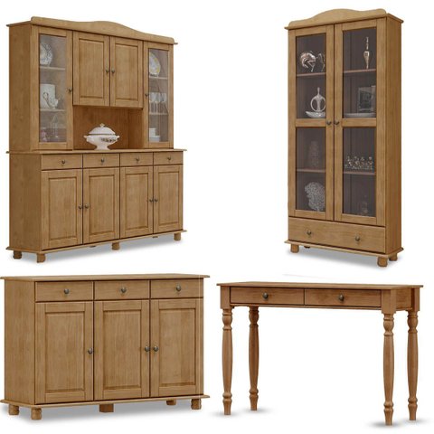 Conjunto: Cristaleira 8 Portas Aparador Balcão 3 Portas e Vitrine 2 Portas Rubi Freijó Madeira Pinus