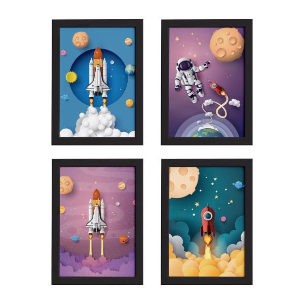 Quadros Astronauta no Espaço Moldura Preta 22x32cm Kit 4un - 1