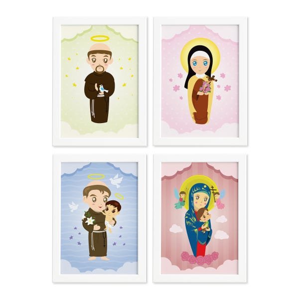 Quadros Religiosos Santos Padroeiros Moldura Branca 22x32cm Kit 4un - 1