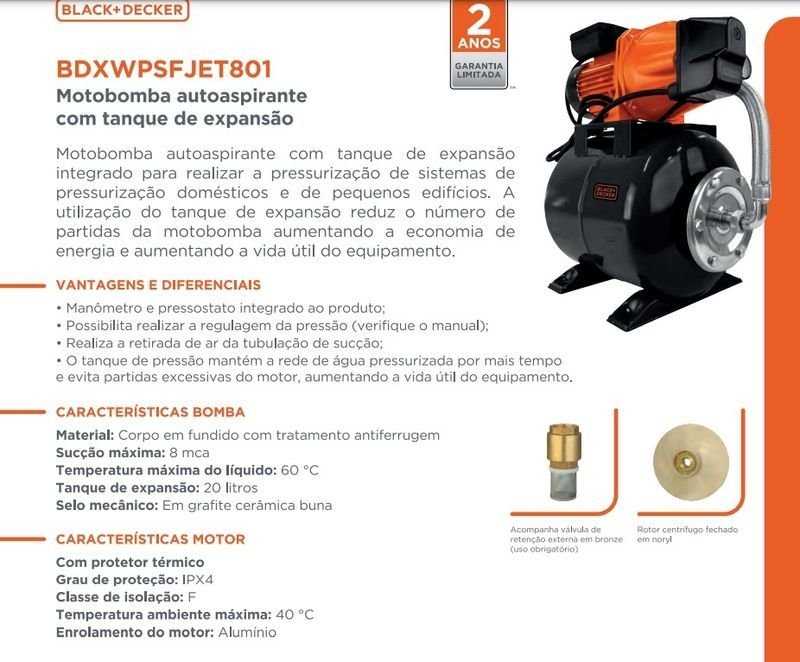 Pressurizadora Black + Decker Bdxwpsfjet801 0.75cv Monofásico 127v/220v Laranja 127/220 (m) - 2