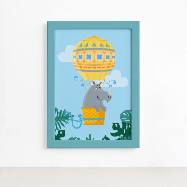 Quadro Infantil Rinoceronte e Balão Moldura Azul 22x32cm - 1