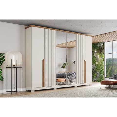 Guarda-Roupa Casal Napoli com Espelho 6 Portas 6 Gavetas Off White/Nature - Henn